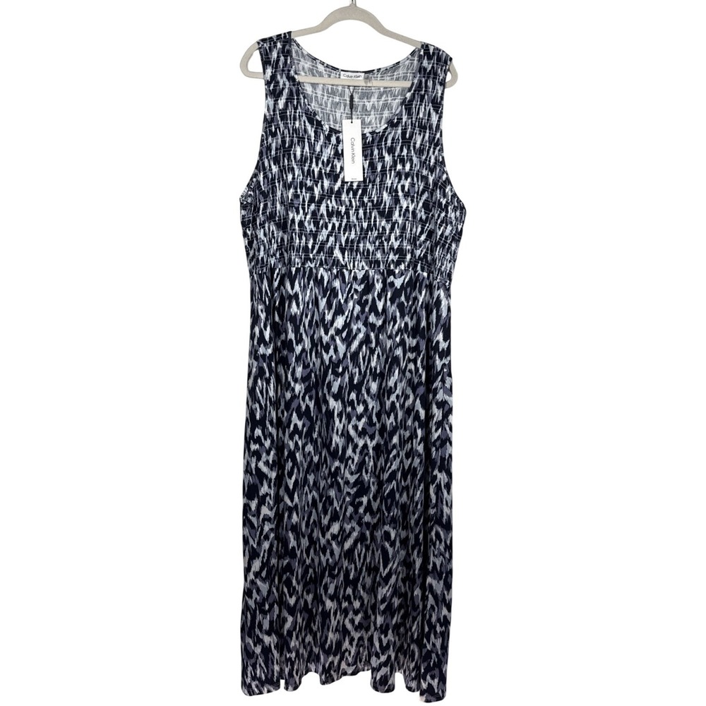 Calvin Klein New 3x Cotton Blend Long Tank Dress Smocked Abstract Print - Picture 1 of 13